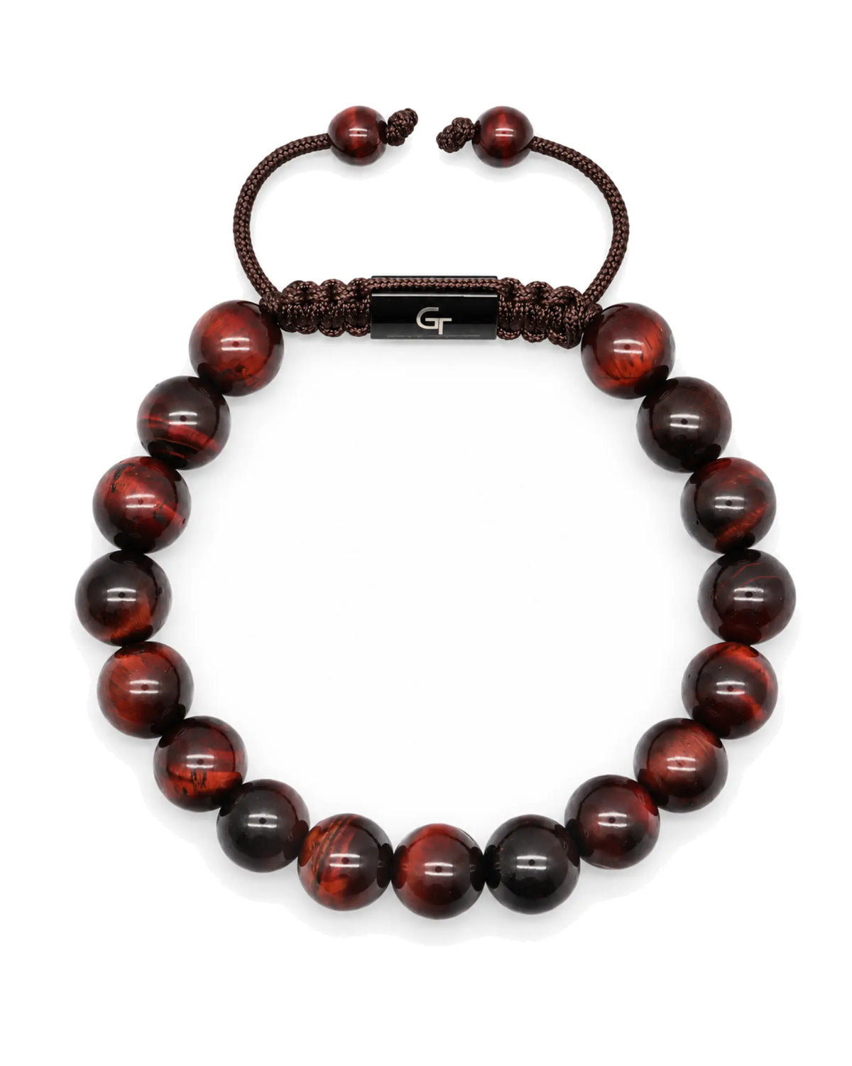 Tiger eye beaded bracelet with dark red and black round beads, braided cord, and metal bar
