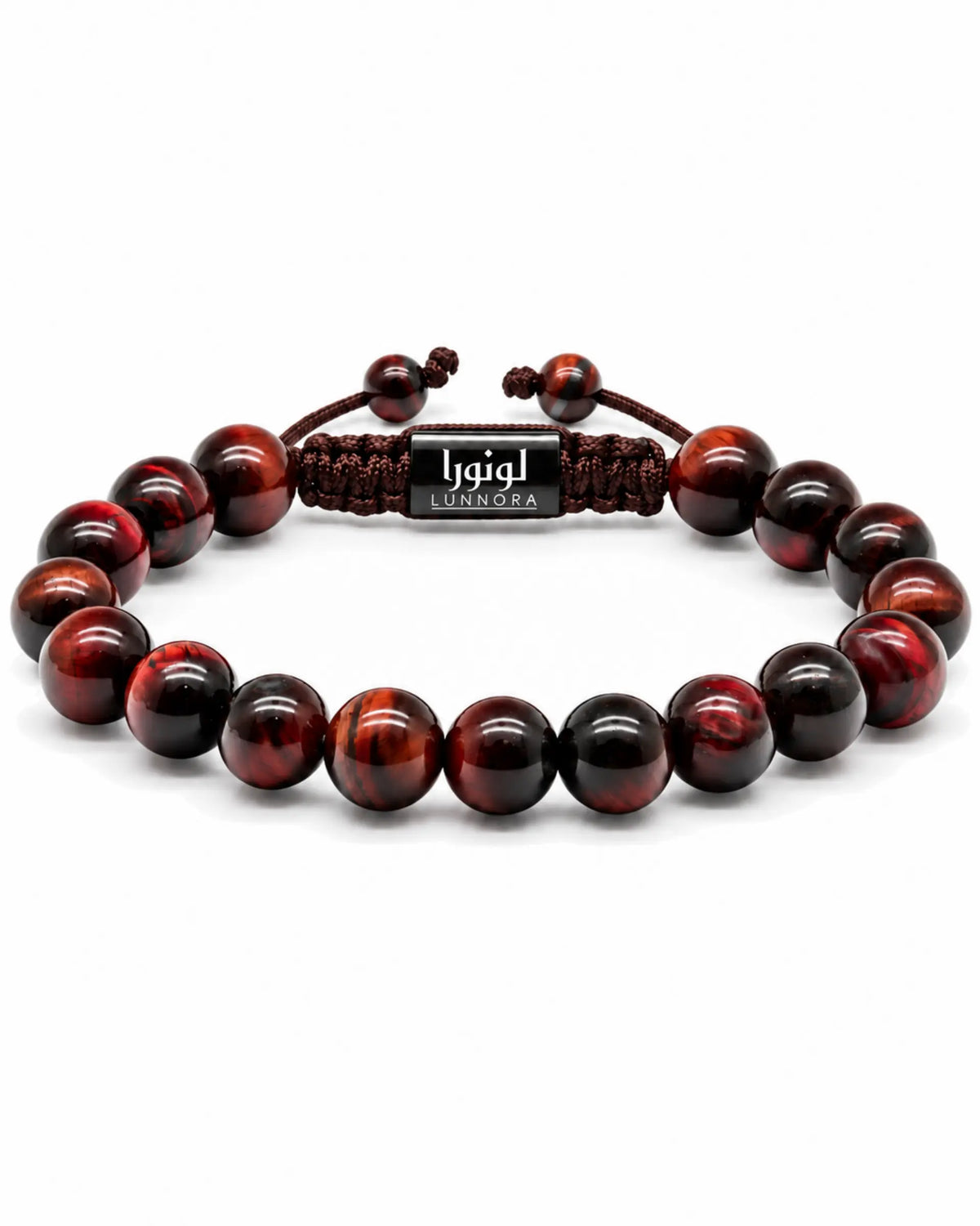 Tiger eye beaded bracelet with red and black round beads, braided cord, and center label الصورة الرئيسية