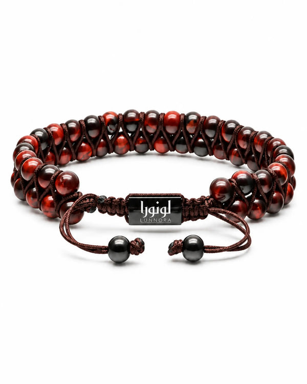 Double-row tiger eye bead bracelet with red, dark beads and leather pull tie