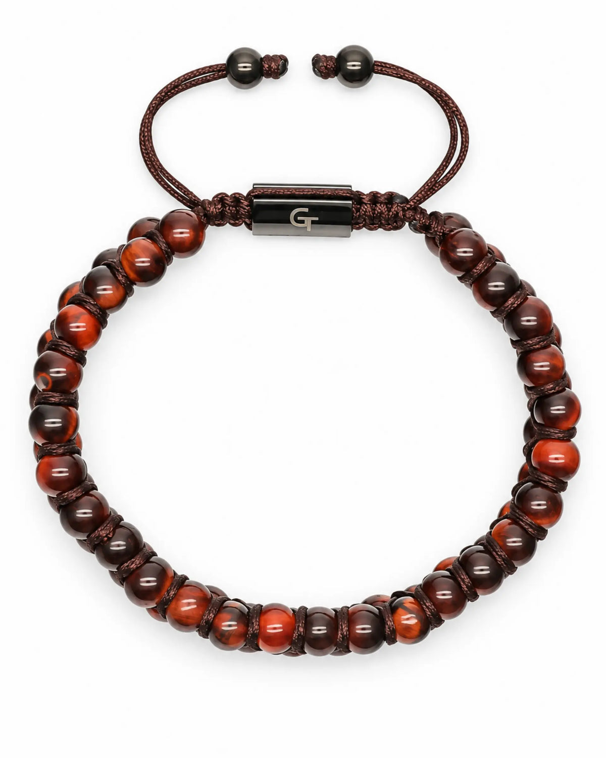 Beaded bracelet with dark red cord and glossy brown bead strands, with central metal bar