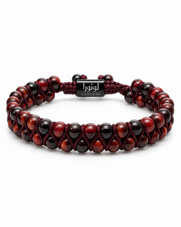 Two bracelets with red-brown beads and black accents, featuring center logo plate
