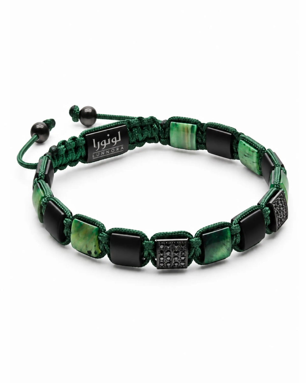 Green tiger eye and black bead bracelet with UNNORA label and oval stone segments