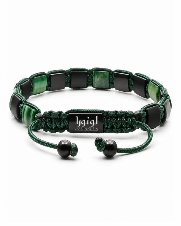 Green tiger eye and black onyx flat bead bracelet with adjustable cord
