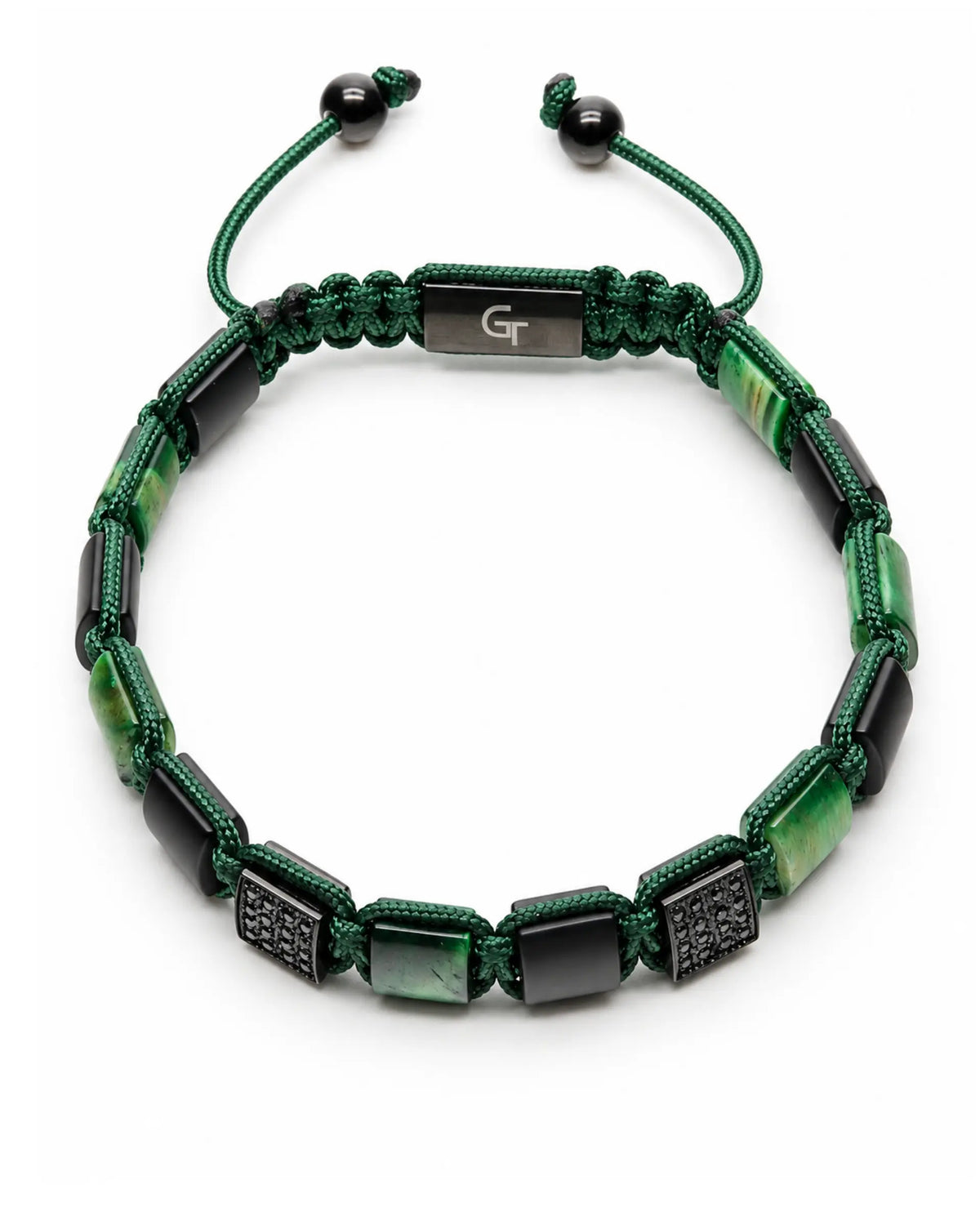 Green tiger eye and black bead bracelet with rectangular center bar and cord ties