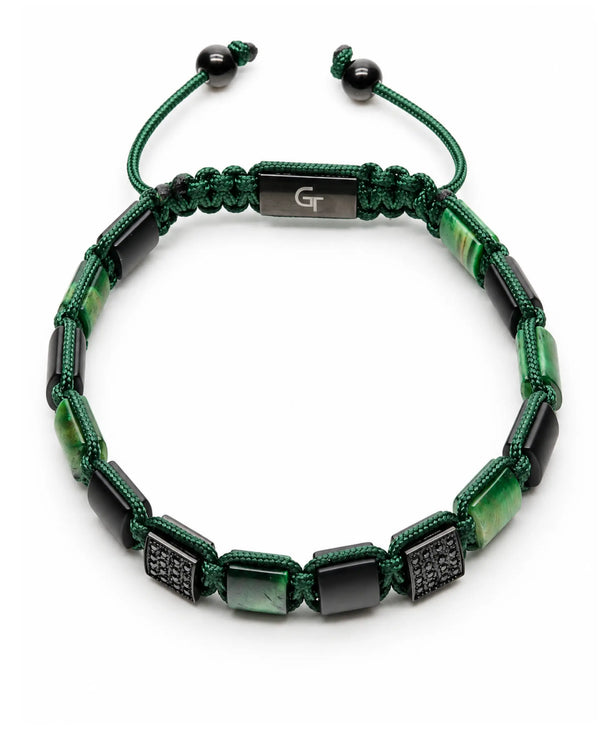Green tiger eye and black bead bracelet with rectangular center bar and cord ties