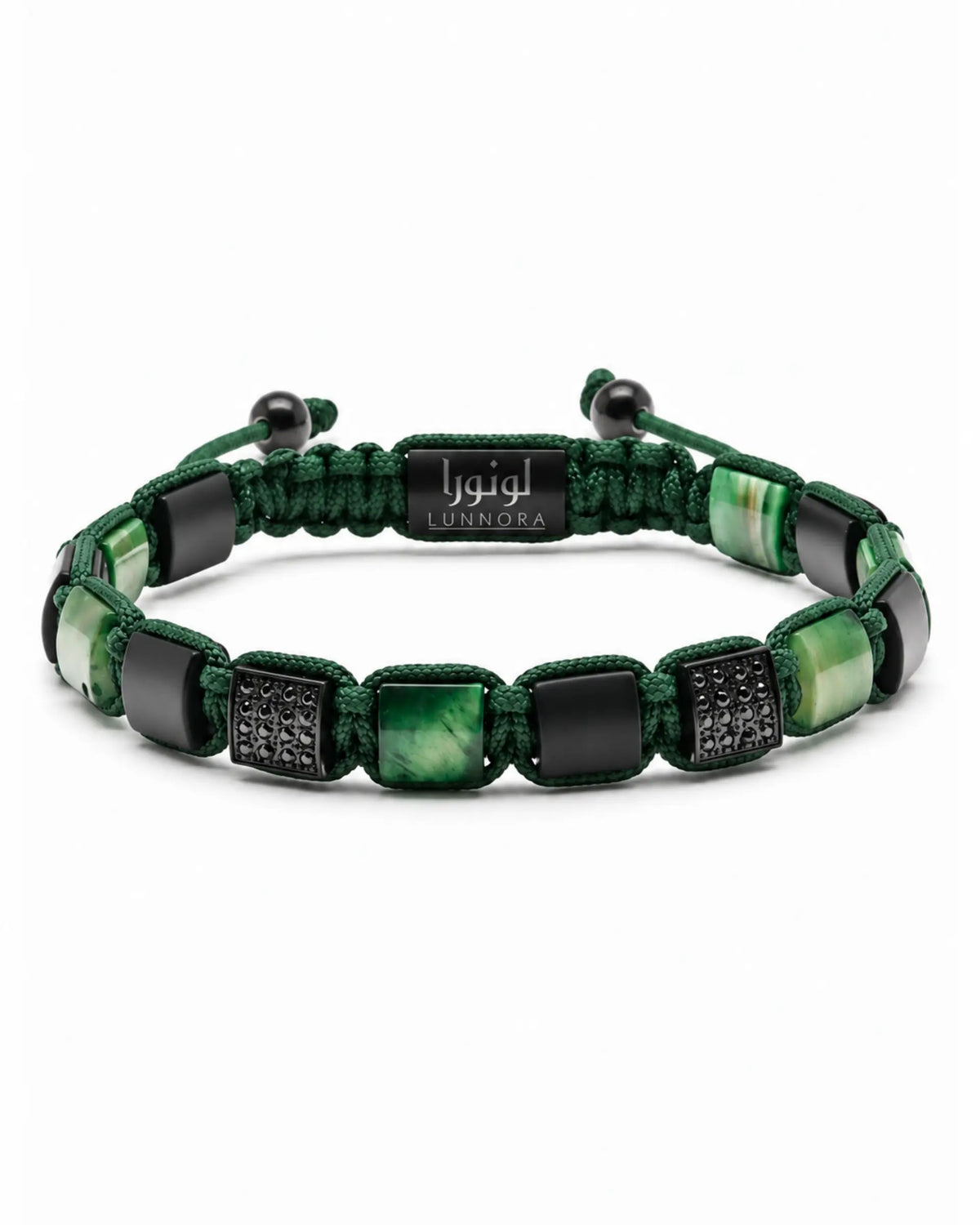 Green tiger eye and black bead bracelet with UNNORA label and rectangular spacers
