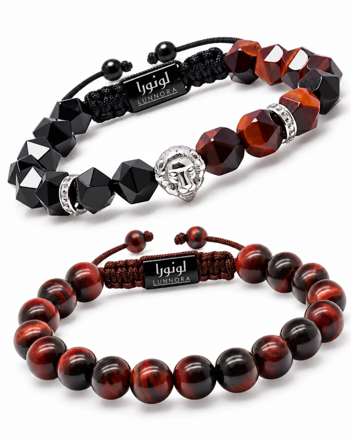 Bracelet set: black geometric beads with lion emblem, plus red-brown bead bracelet with logo الصورة الرئيسية