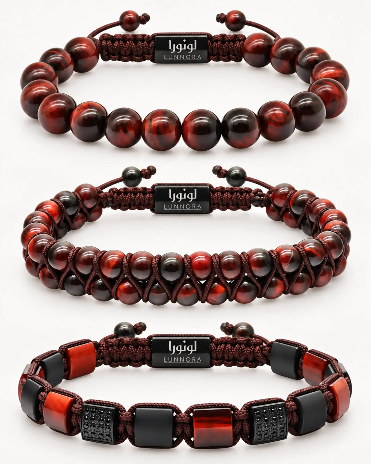 3-piece red tiger eye bead bracelet set with black bead and metal accents