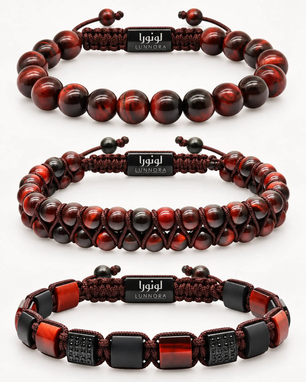 3-piece red tiger eye bead bracelet set with black bead and metal accents