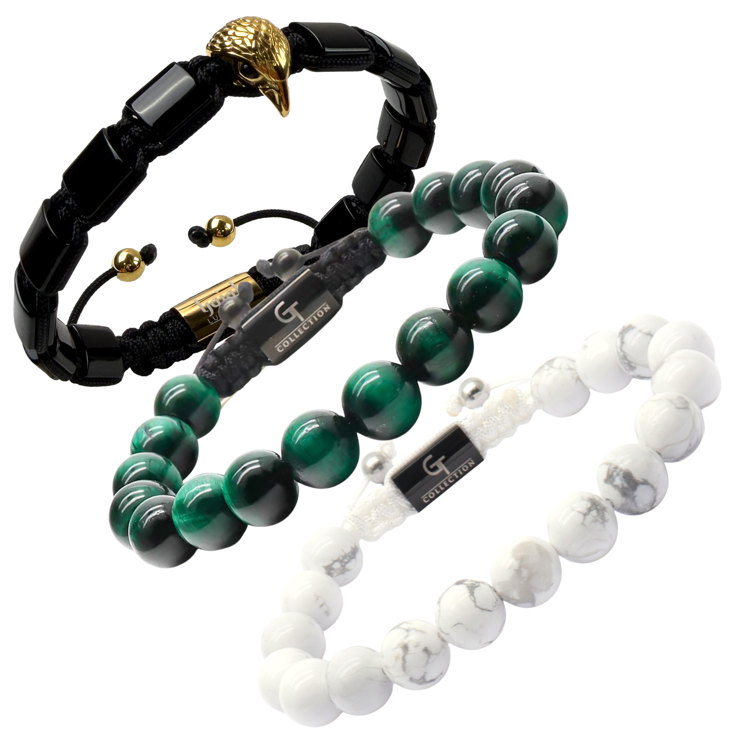 Saudi Falcon Bracelet Stack - Black Onyx, Green Tiger Eye & Howlite