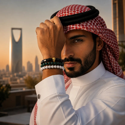 Saudi Falcon Bracelet Stack - Black Onyx, Green Tiger Eye & Howlite