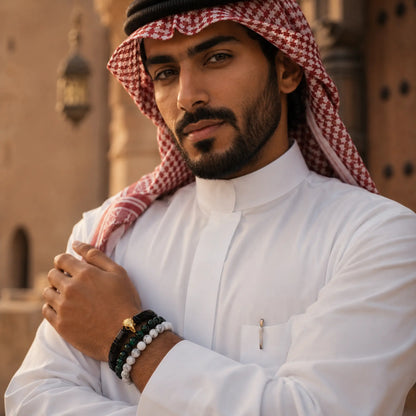 Saudi Falcon Bracelet Stack - Black Onyx, Green Tiger Eye & Howlite