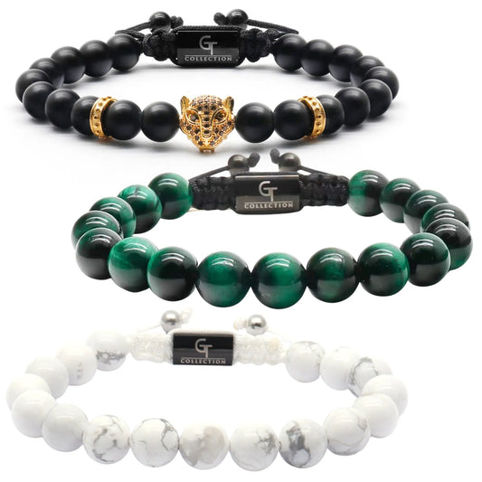 Saudi Arabian Leopard Bracelet Stack - Black Onyx, Green Tiger Eye & Howlite