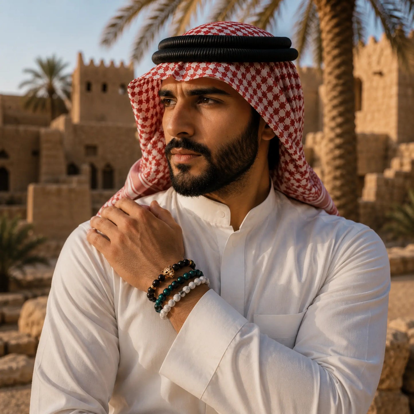 Saudi Arabian Leopard Bracelet Stack - Black Onyx, Green Tiger Eye & Howlite