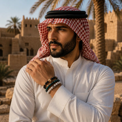 Saudi Arabian Leopard Bracelet Stack - Black Onyx, Green Tiger Eye & Howlite