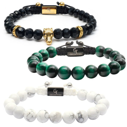 Saudi Arabian Horse Bracelet Stack - Black Onyx, Green Tiger Eye & Howlite