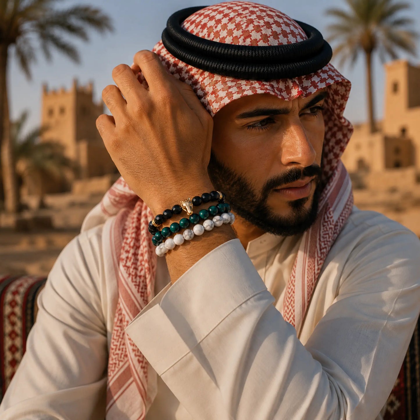 Saudi Arabian Horse Bracelet Stack - Black Onyx, Green Tiger Eye & Howlite