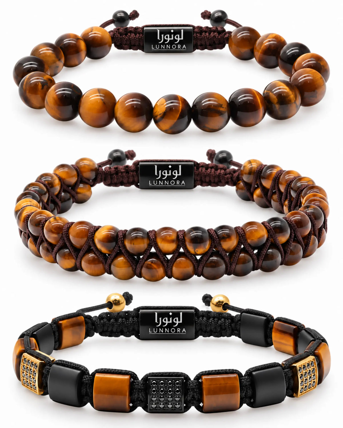3-piece tiger eye bracelet set with macrame, bead strands, and geometric metal charms الصورة الرئيسية