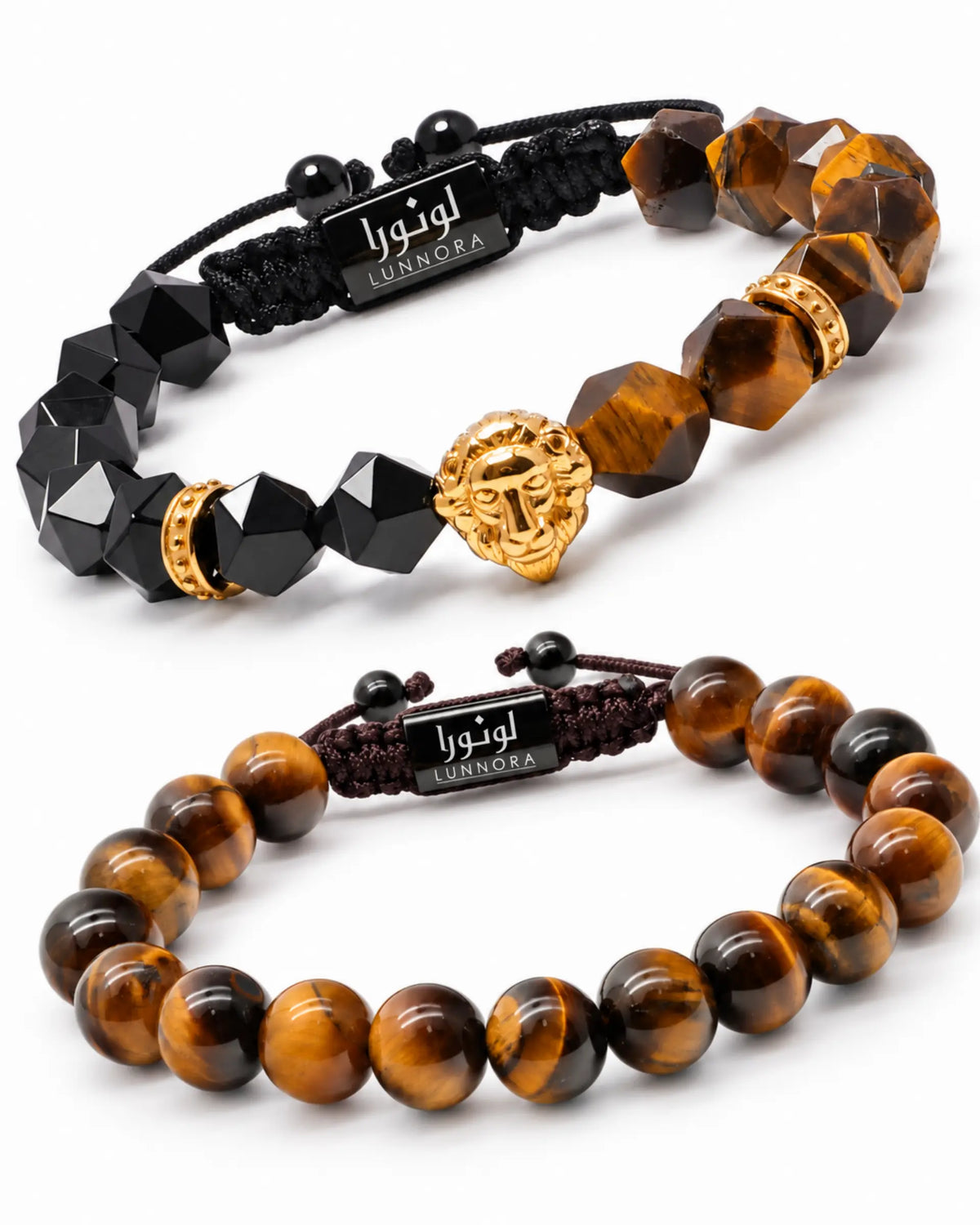 Two bracelets: black geometric beads and tiger-eye beads with gold lion head center الصورة الرئيسية