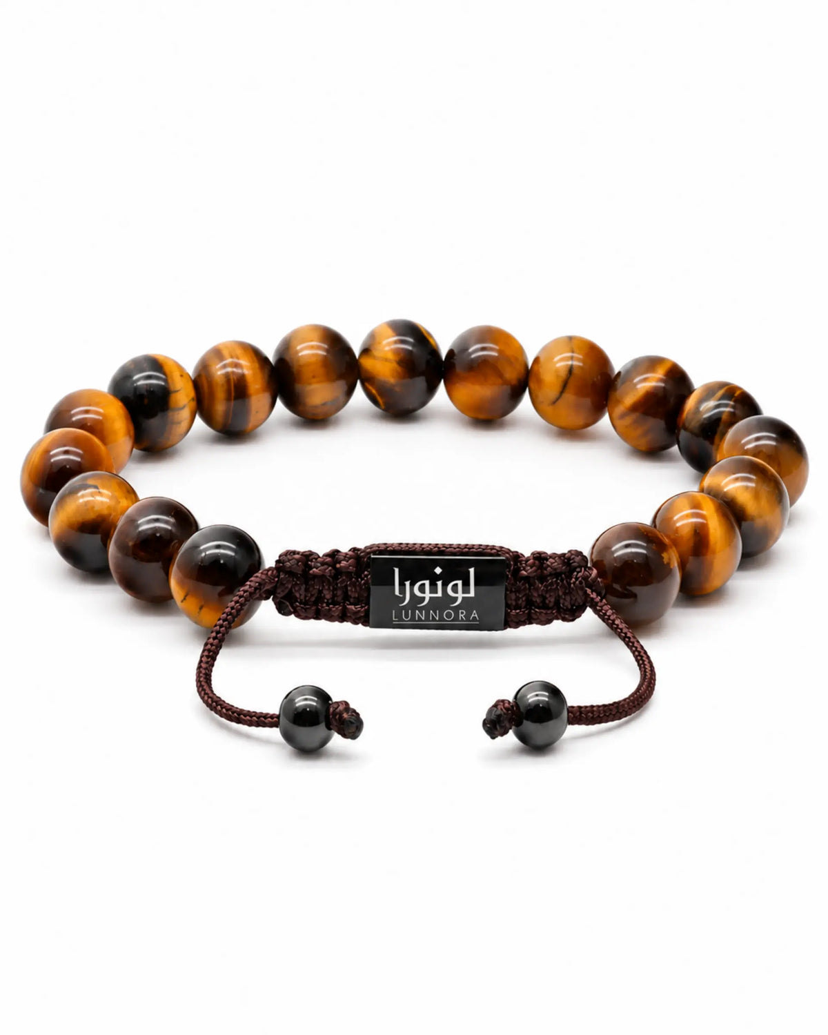 Tiger-eye bead bracelet with dark accents and braided adjustable cord clasp