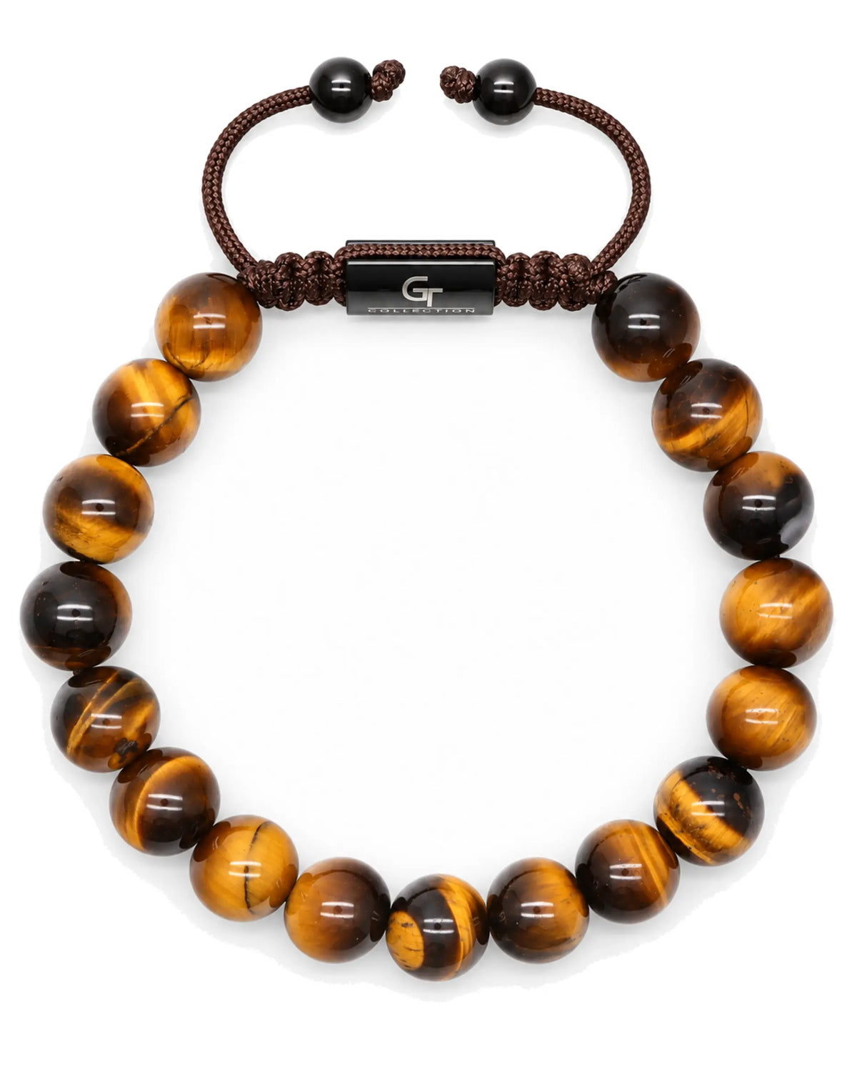 Tiger eye beaded bracelet with black accent beads and rectangular logo charm