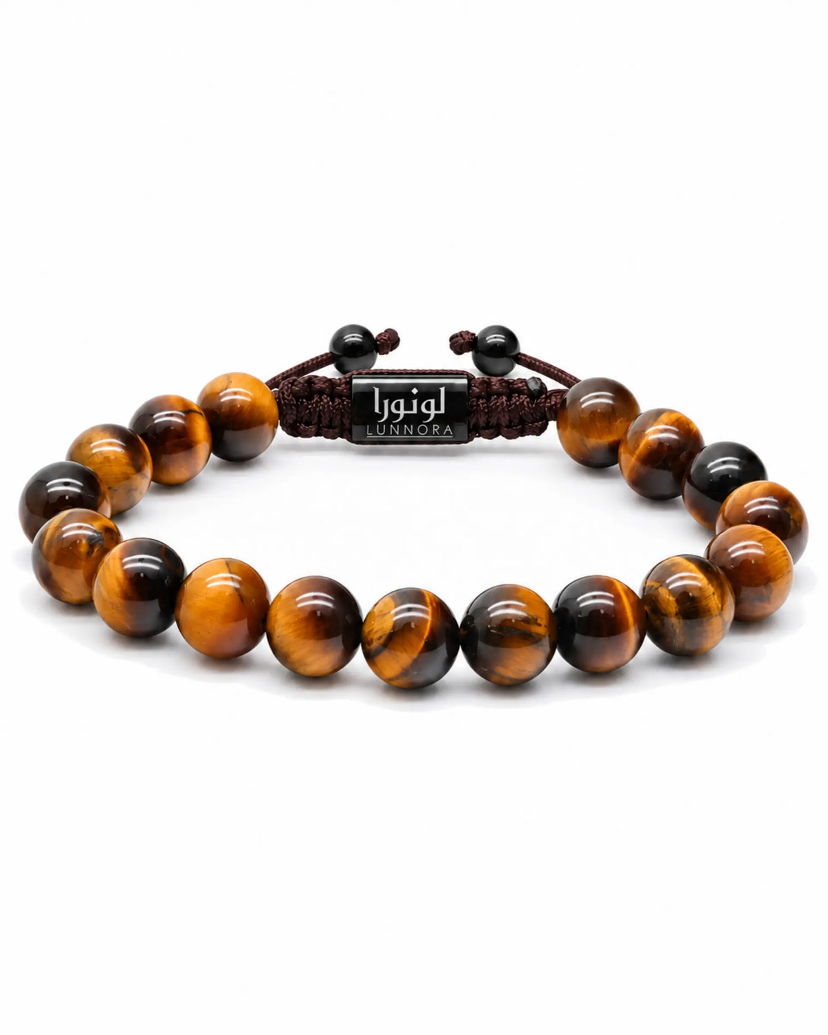 Tiger eye beaded bracelet with dark woven cord and black logo plate الصورة الرئيسية