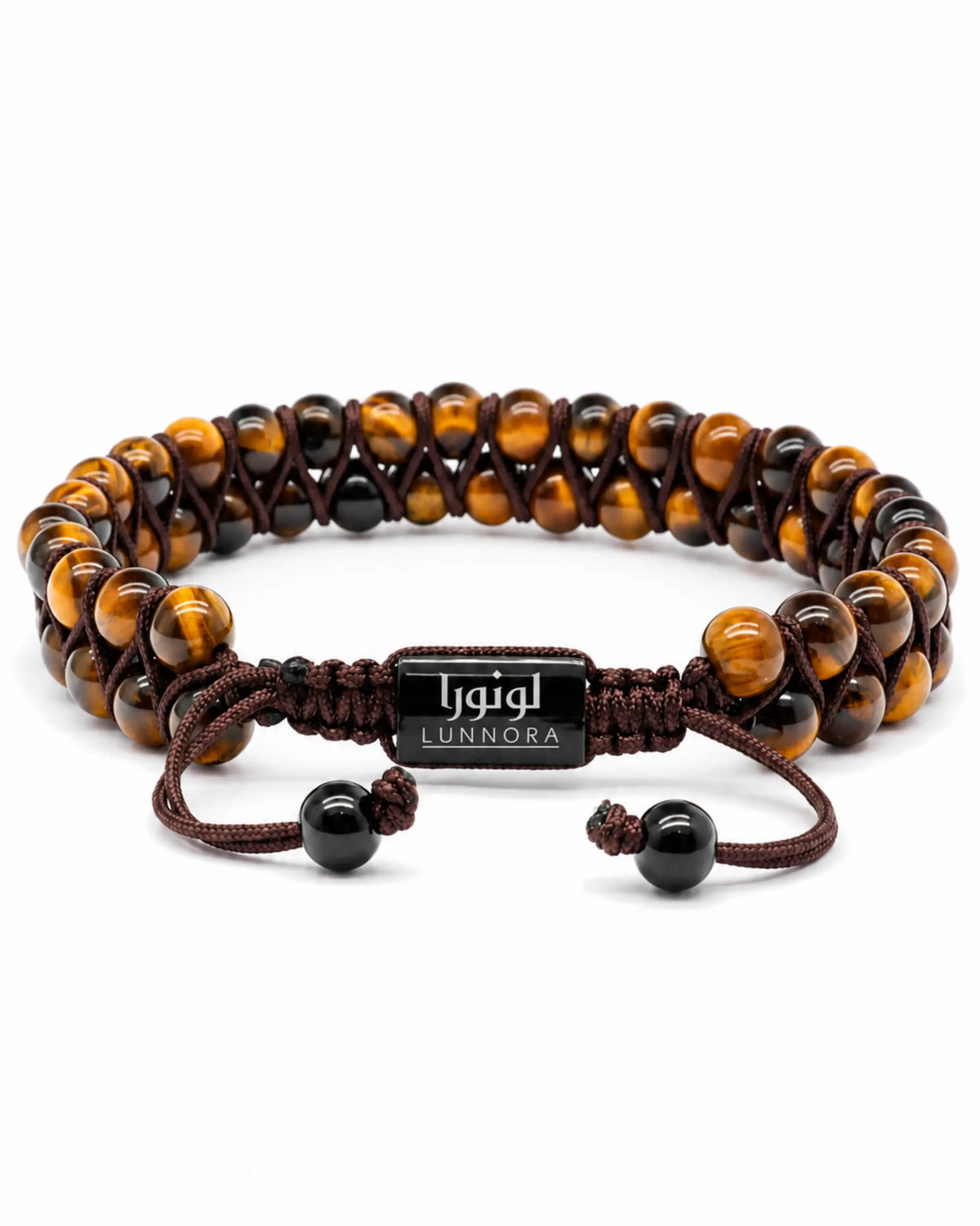 Tiger eye double-row bead bracelet with black cord and tiger LUNNORA tag