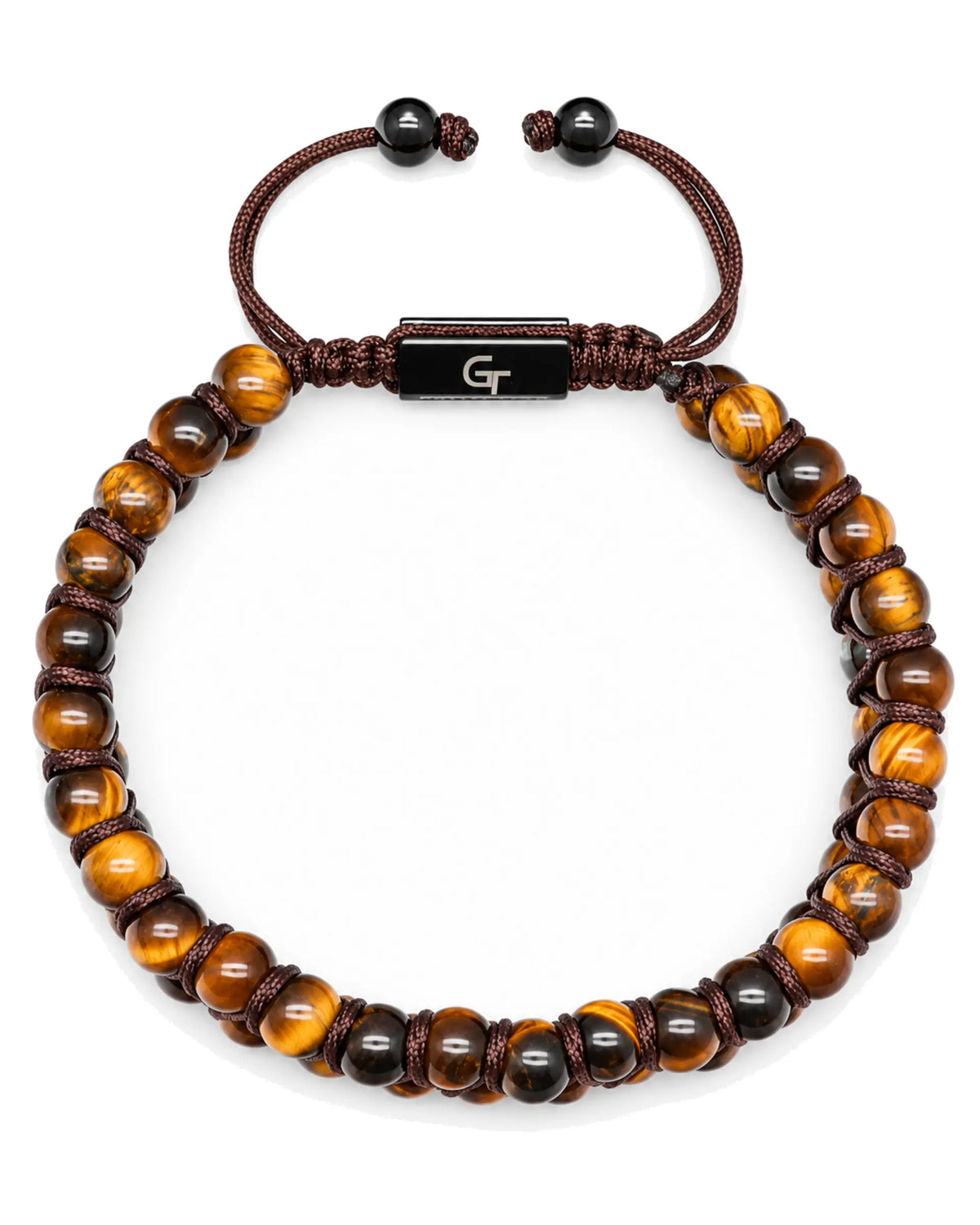 Tiger-eye bead bracelet with black and brown beads, central black clasp and pull-cord knots