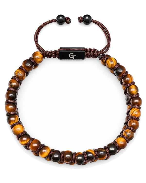 Tiger-eye bead bracelet with black and brown beads, central black clasp and pull-cord knots