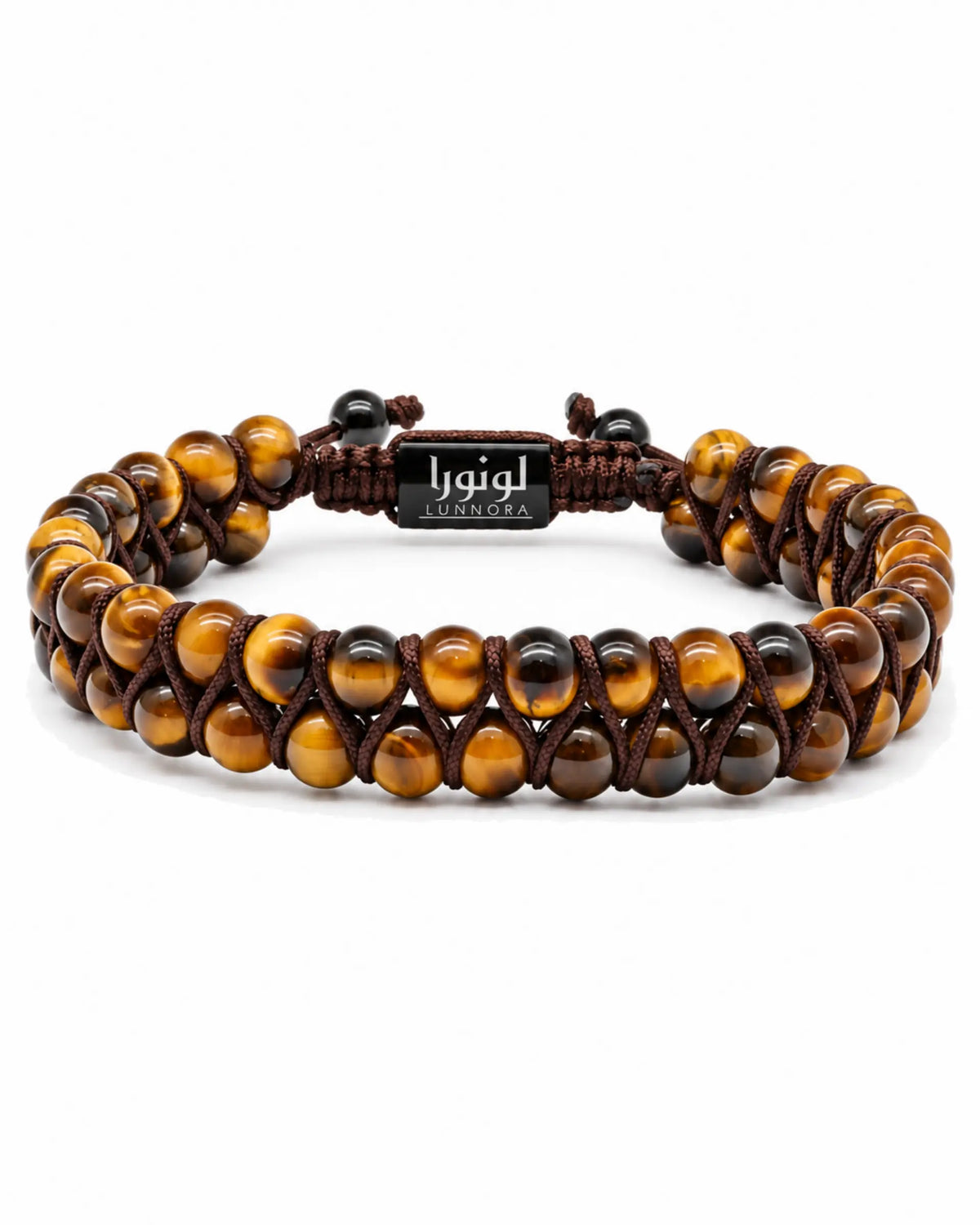 Tiger-eye bead bracelet with braided cord ends and central black logo tag الصورة الرئيسية