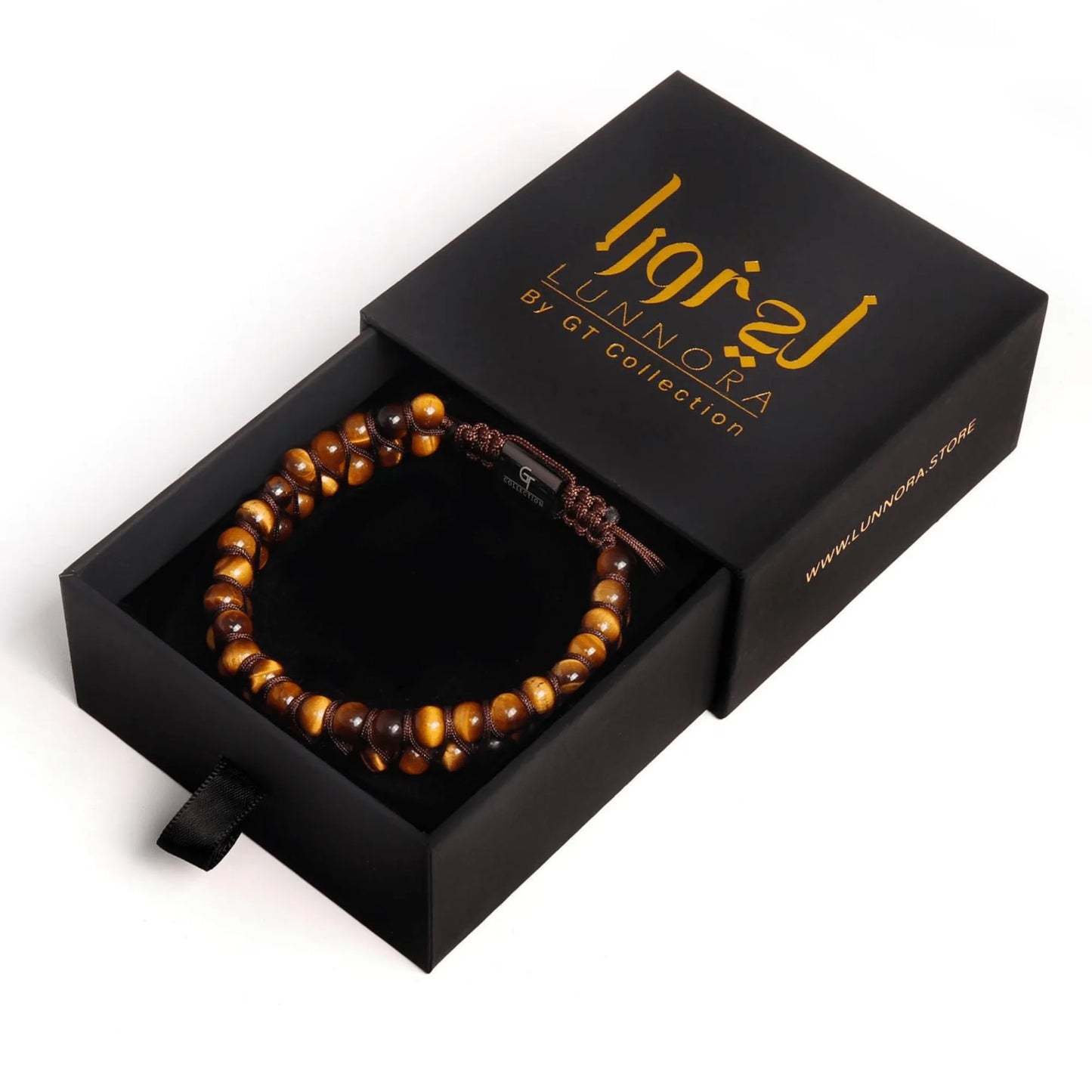 Men’s brown tiger eye beaded bracelet with black adjustable cord by GT Collection