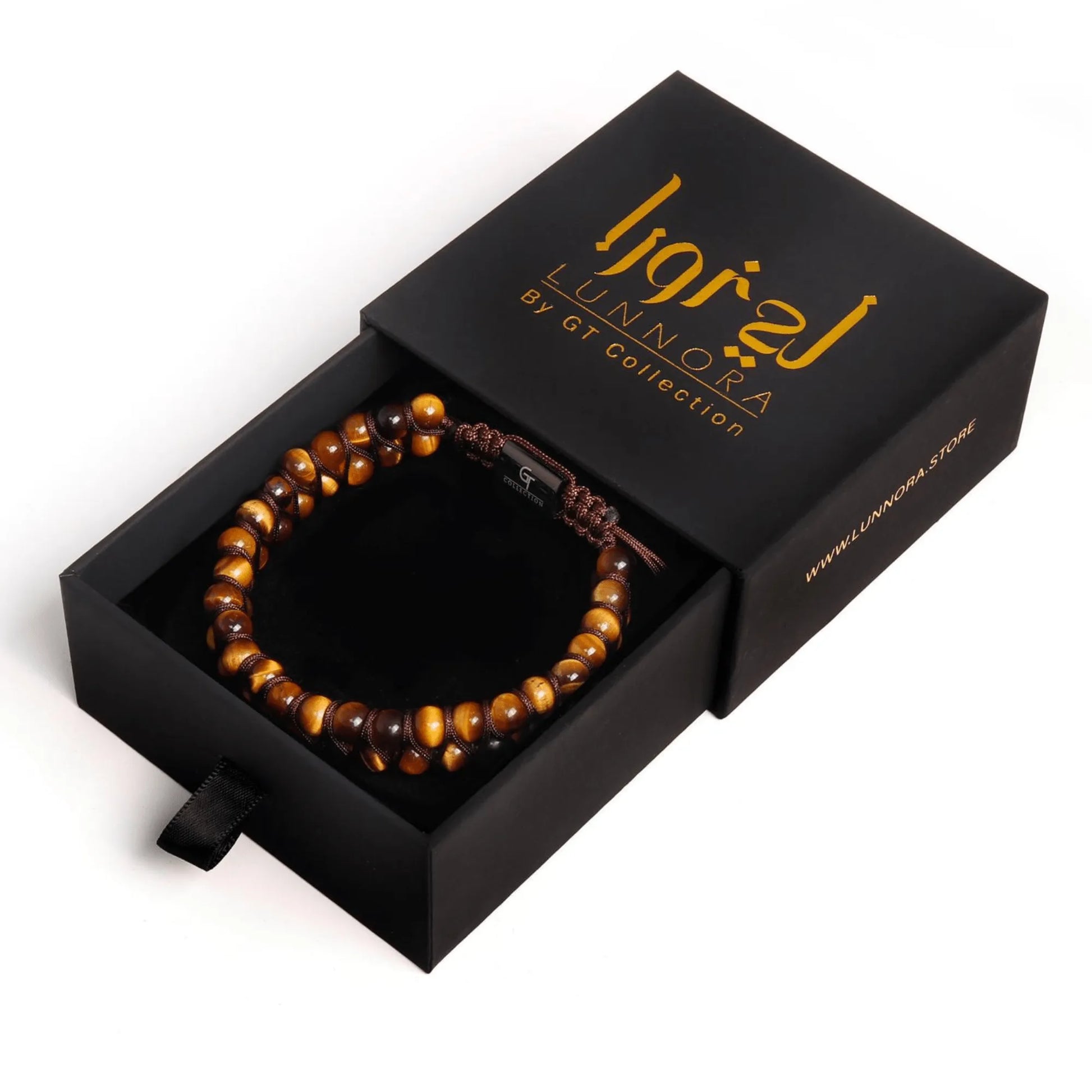 Men’s brown tiger eye beaded bracelet with black adjustable cord by GT Collection