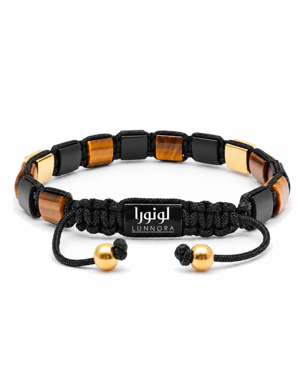 Tiger eye and black onyx beaded bracelet with adjustable black cord and gold end beads