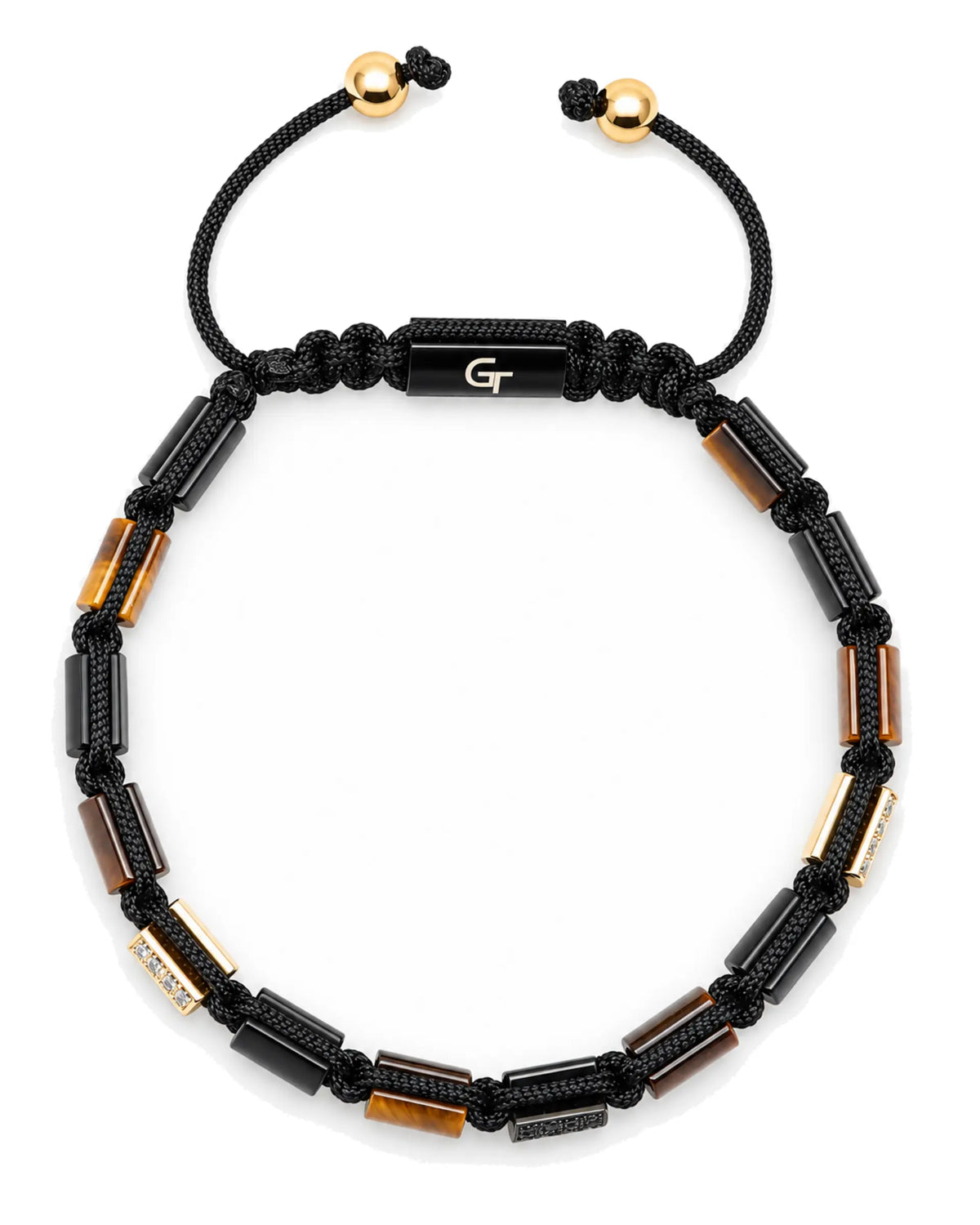 Black beaded cord bracelet with tiger-eye cubes and gold-tone accents, adjustable