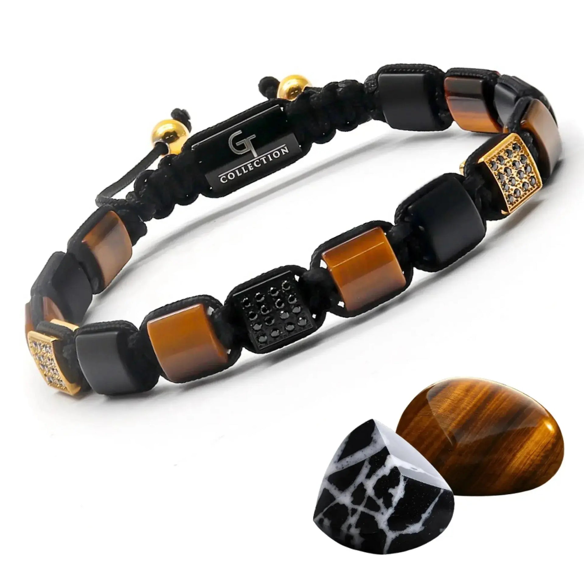 TIGER EYE, BLACK ONYX Flatbead Bracelet | Brown and black