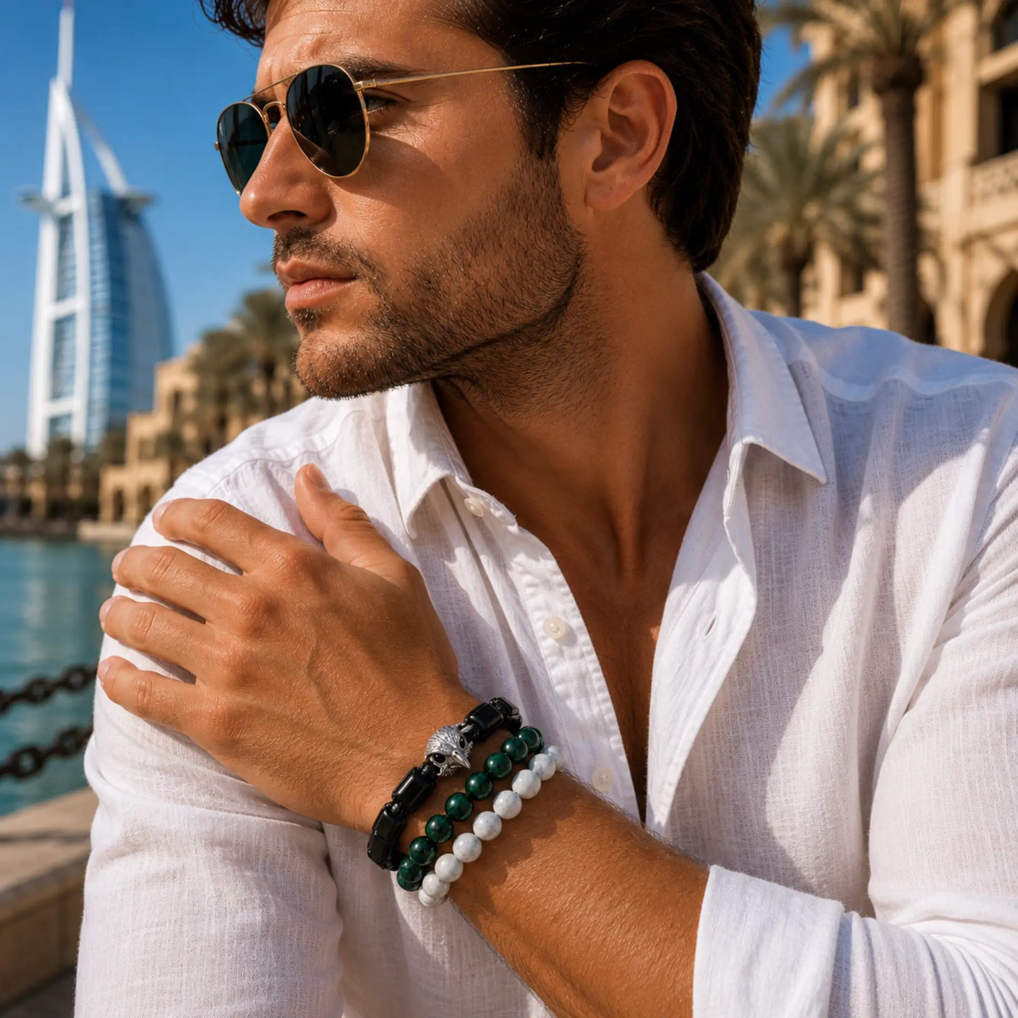 Emirates Falcon Bracelet Stack - Black Onyx, Green Tiger Eye & Howlite