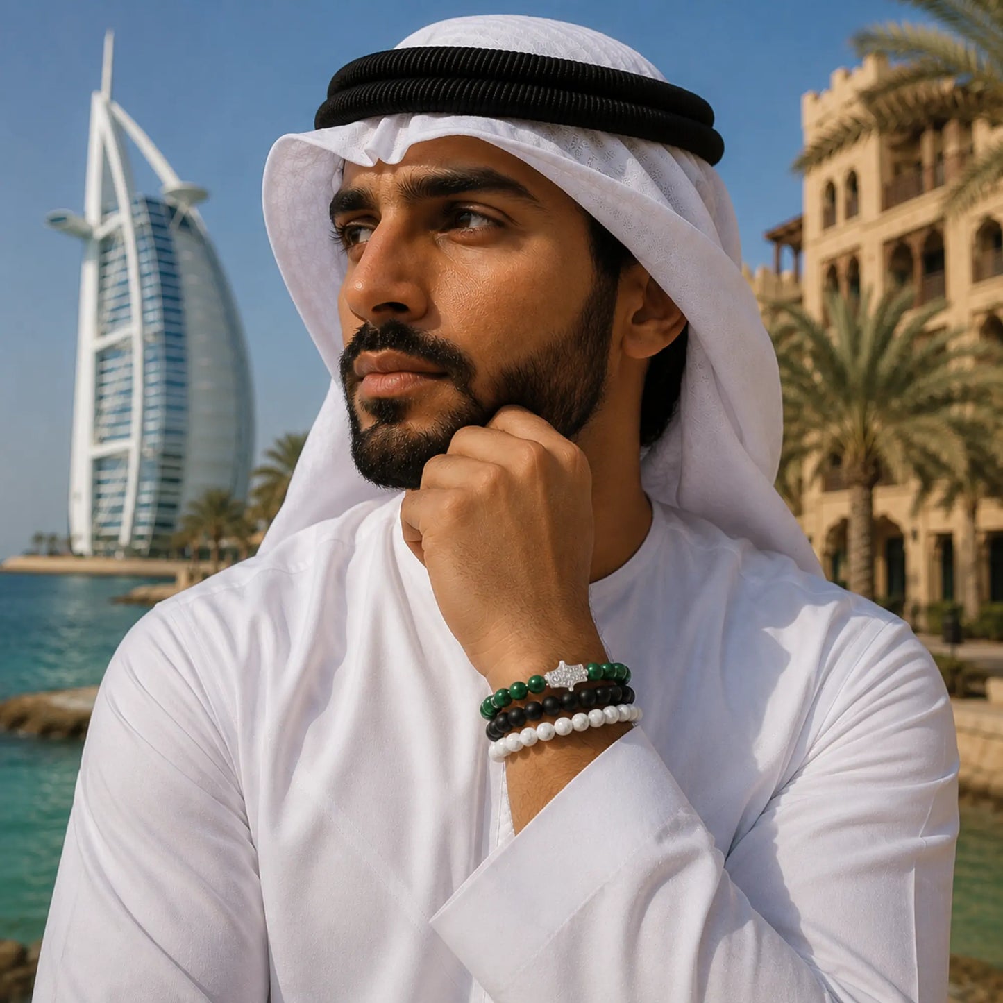 Emirates Hamsa Bracelet Stack – Black Onyx, Green Tiger Eye & Howlite