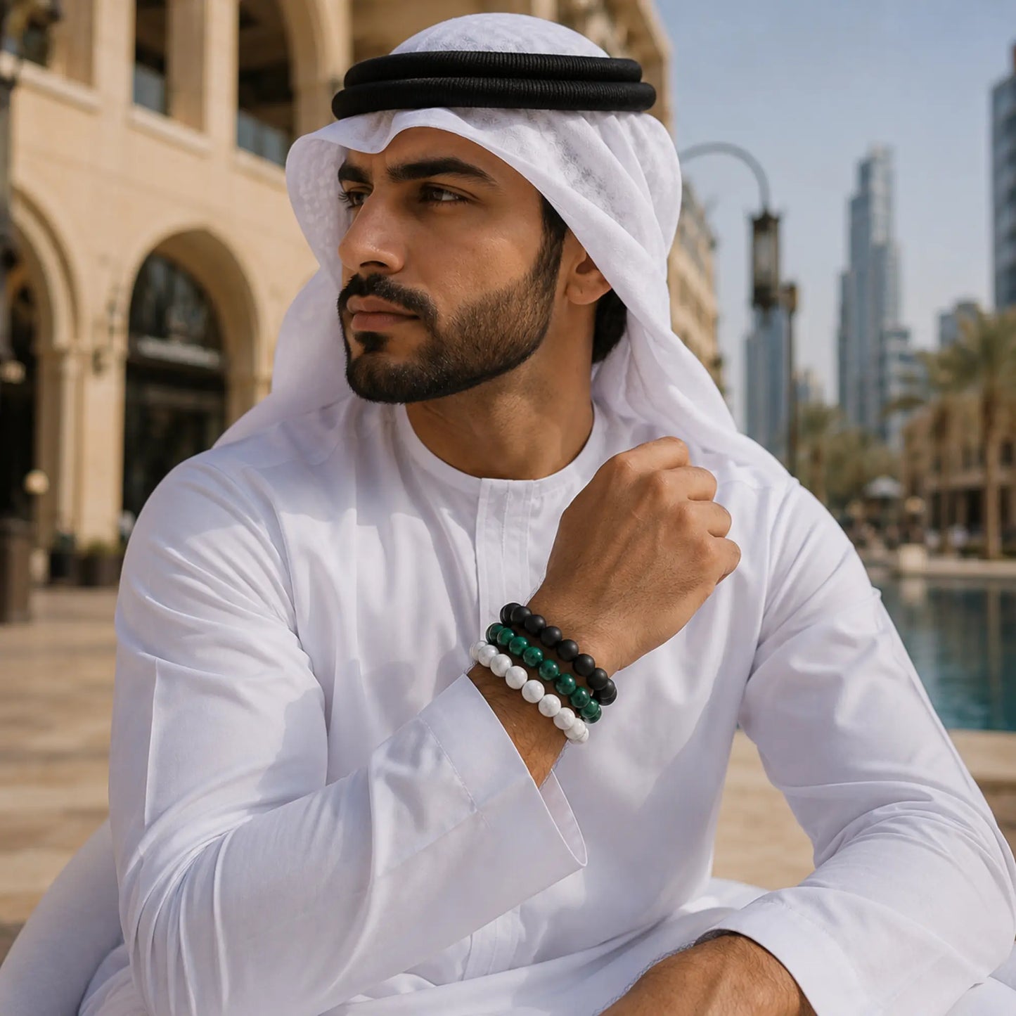 Arabian Signature Bracelet Stack – Black Onyx, Green Tiger Eye & Howlite