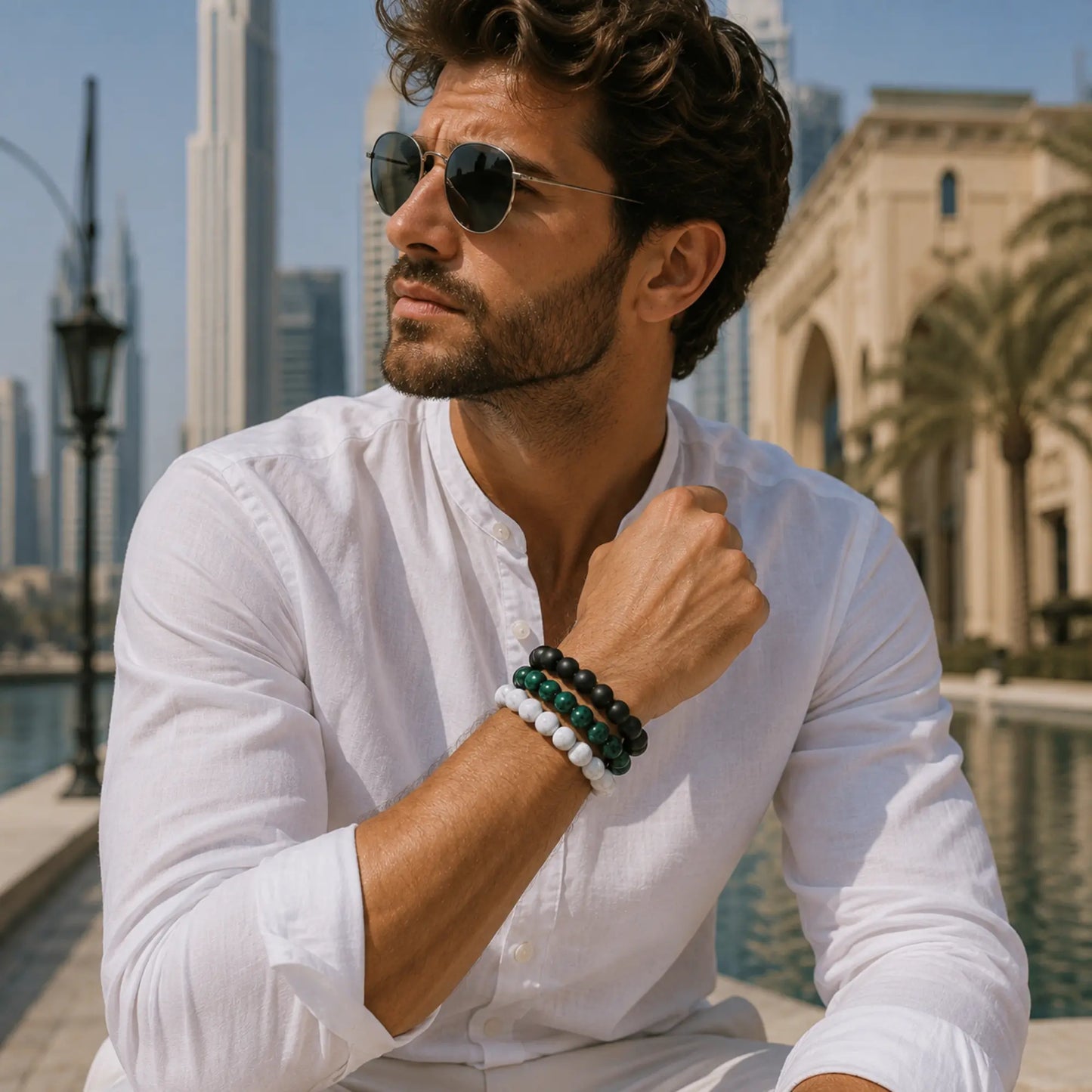 Arabian Signature Bracelet Stack – Black Onyx, Green Tiger Eye & Howlite