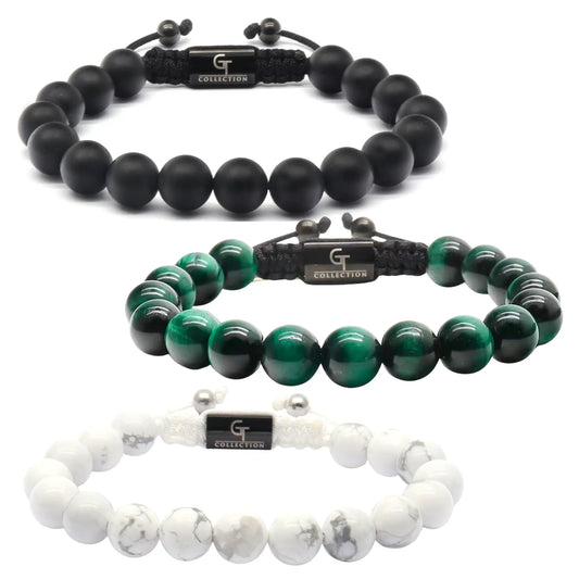 Arabian Signature Bracelet Stack – Black Onyx, Green Tiger Eye & Howlite