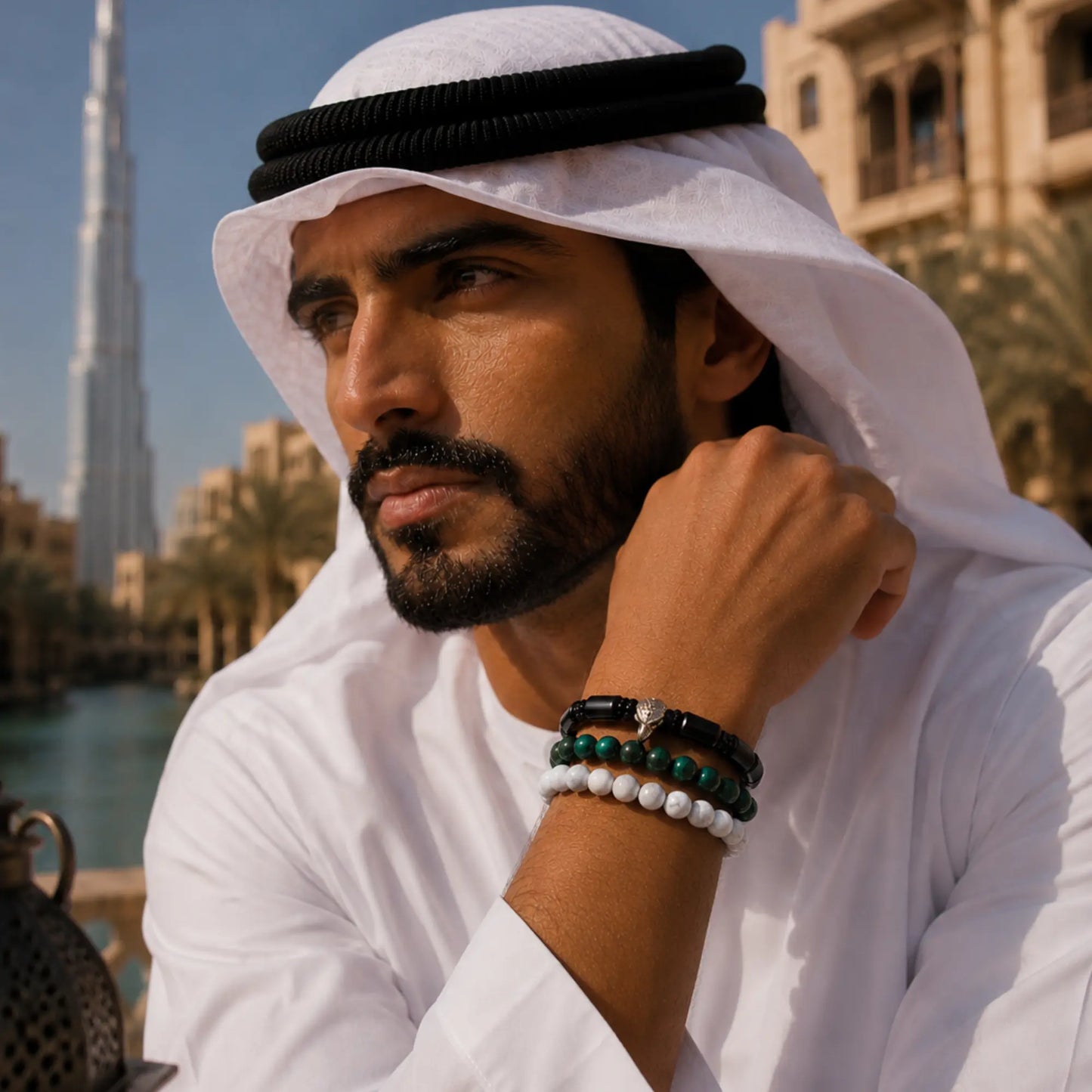 Emirates Falcon Bracelet Stack - Black Onyx, Green Tiger Eye & Howlite