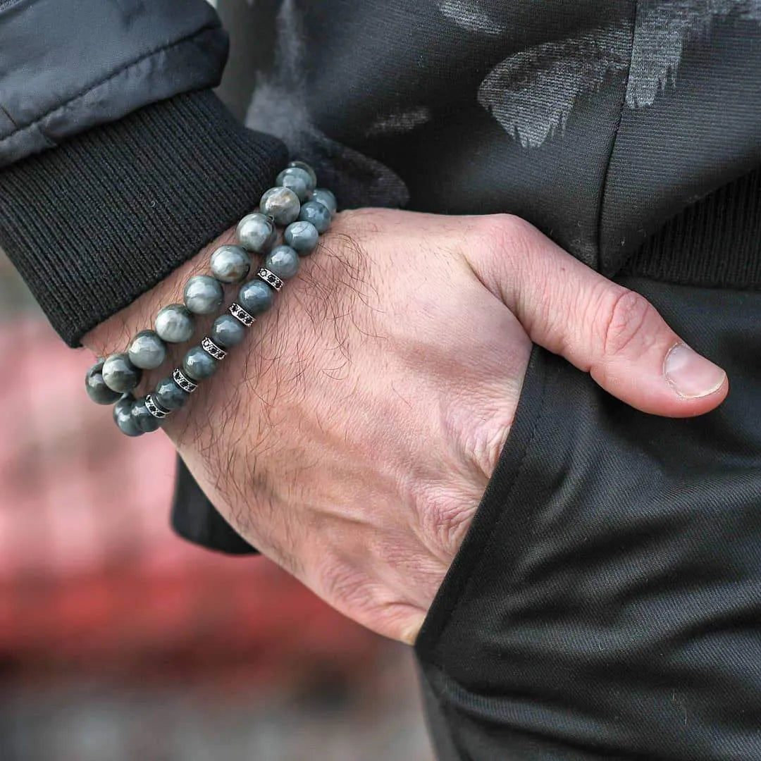 Men's EAGLE EYE Beaded Bracelet - Grey Gemstones - GT collection