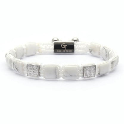 Bracelet - HOWLITE Flatbead Bracelet - White Gemstones & White Gold CZ Bead