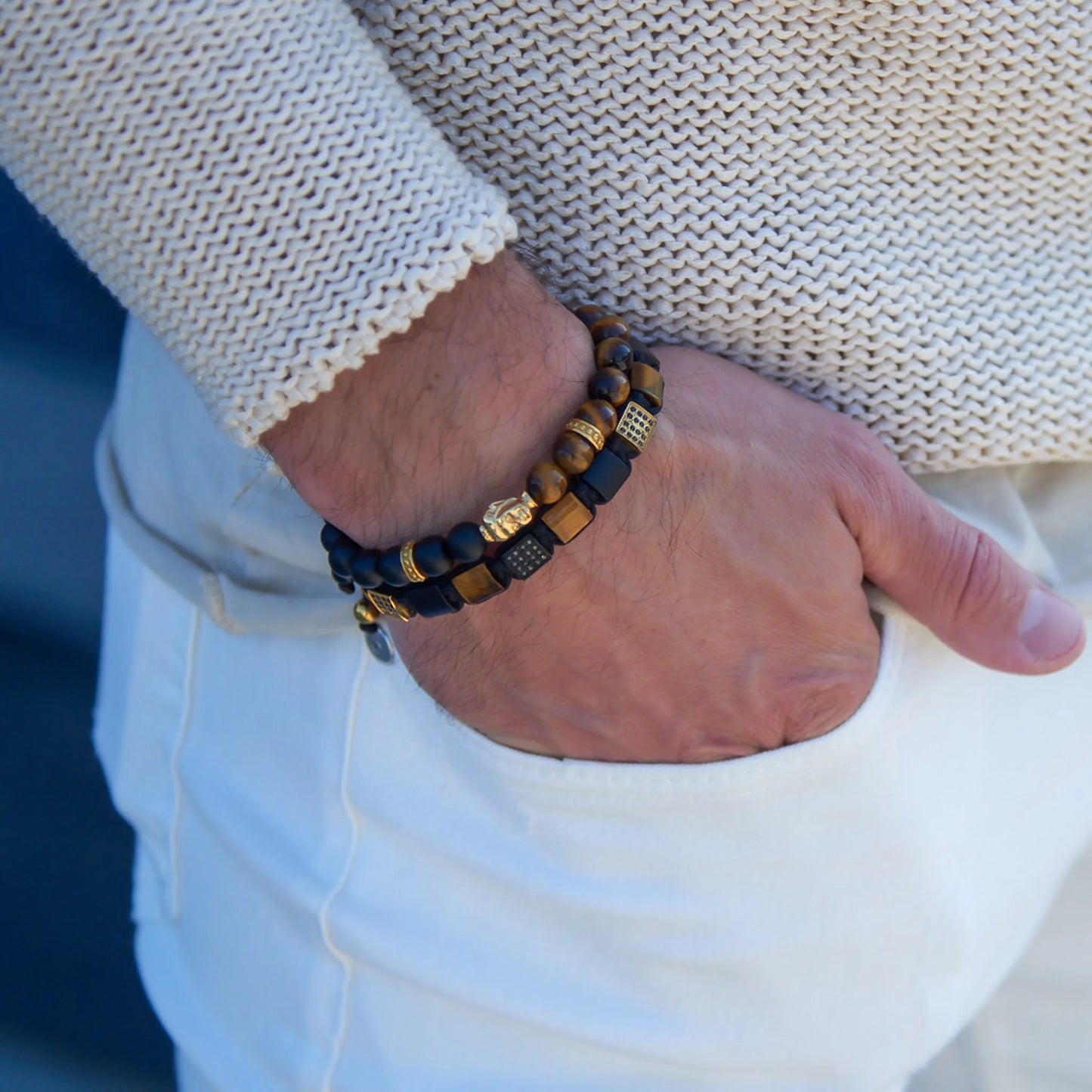 Bracelet - TIGER EYE, BLACK ONYX Flatbead Bracelet For Men - Brown & Black Stones