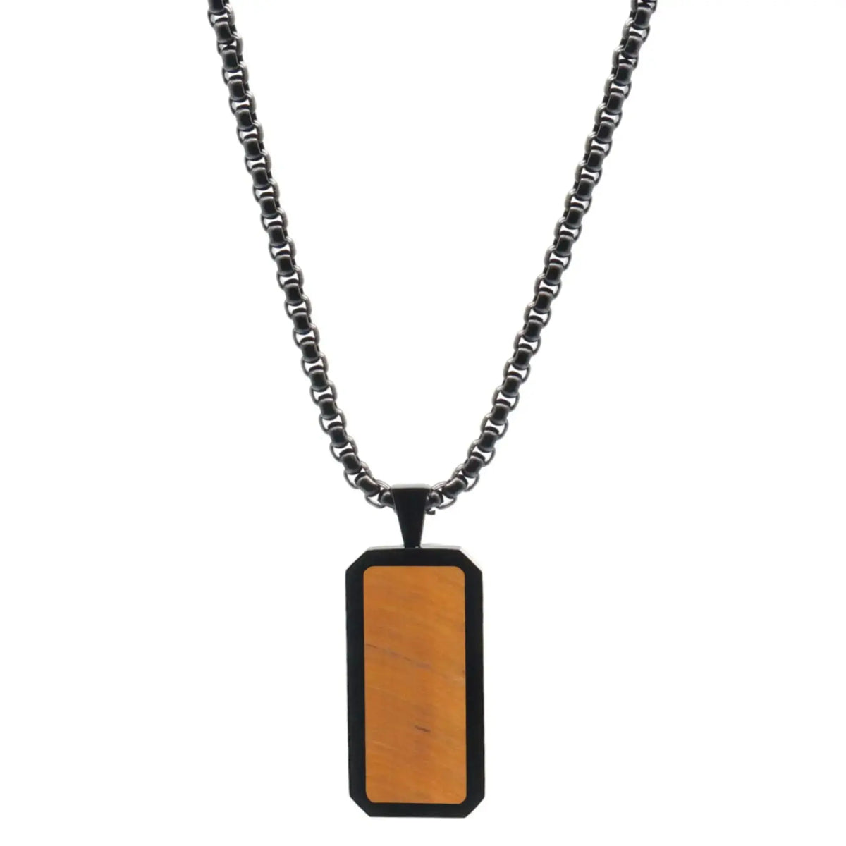 Necklaces - Black Necklace With Rectangle Tiger Eye Pendant