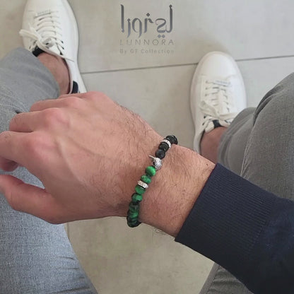 Men's GREEN TIGER EYE, ONYX Bracelet with ARABIAN FALCON