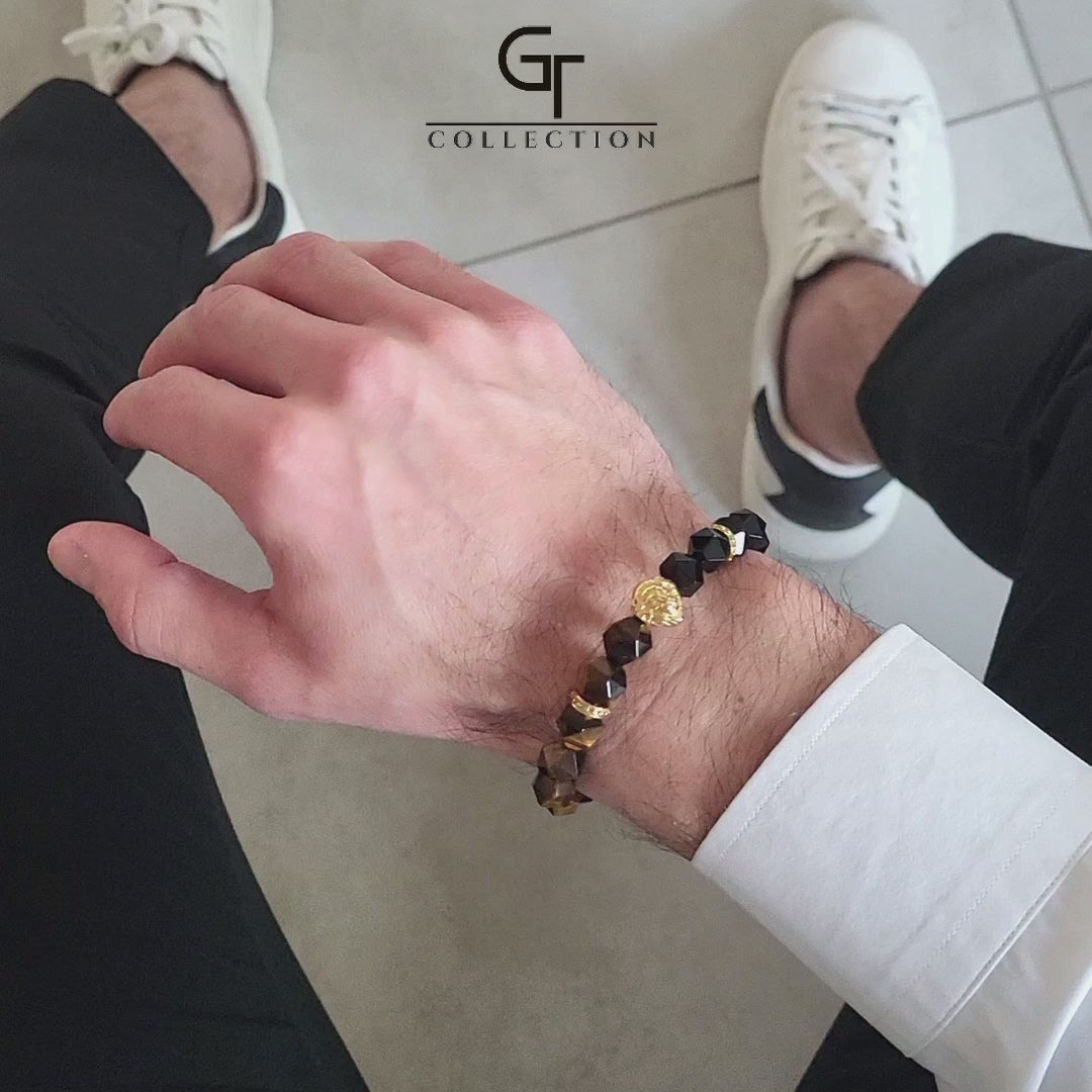 Men's TIGER EYE, ONYX Bracelet with Golden LION Head | Lunnora