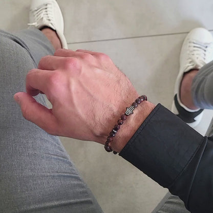 Men's RED TIGER EYE Bracelet with Black HAMSA Hand